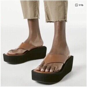 Frame Le Ocean Women’s 39.5 Brown Leather Platform Chunky Flip Flop Sandal